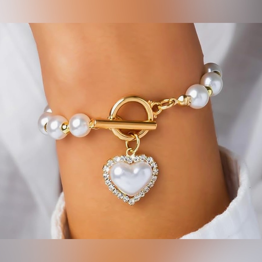 Cute Lord & Taylor 18kt Gold Vermeil Multi Pearl Heart Charm Bracelet
